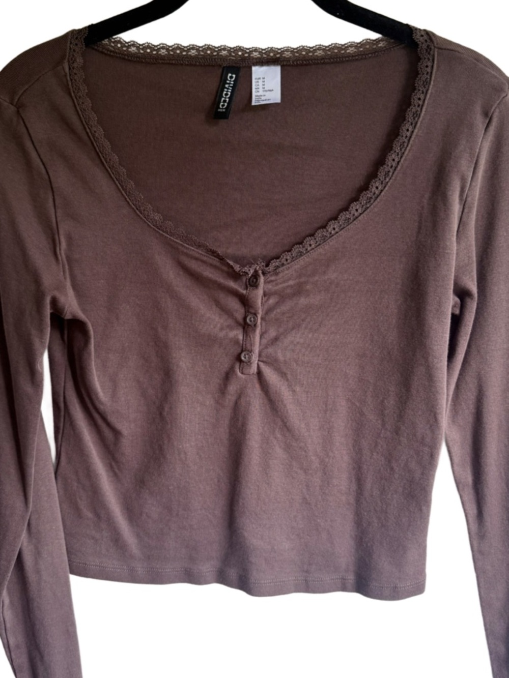H&M Brown Long Sleeve Lace-Trim Henley Top
